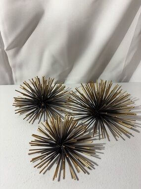 Set of 3 Decorative Metal Sea Urchin Sculptures - Black & Gold